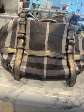 Burberry Plaid Fabric Tote with Metallic Trim